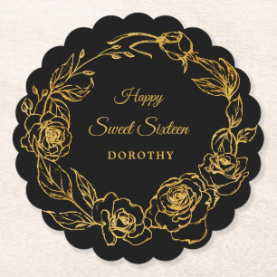 Posavasos De Papel Dulce Dieciséis Fiesta Luxe Gold Rosa Floral Negro