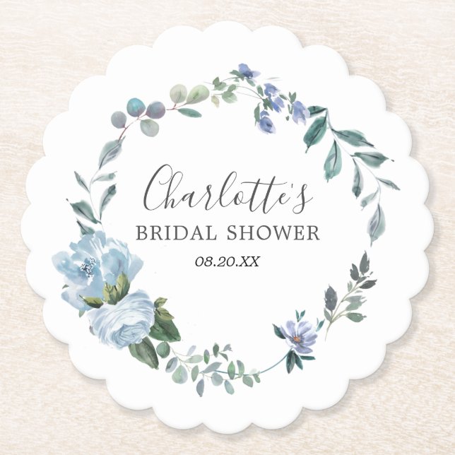 Posavasos De Papel Duste Blue Floral Elegante Bonito Bridal Shower (Anverso)