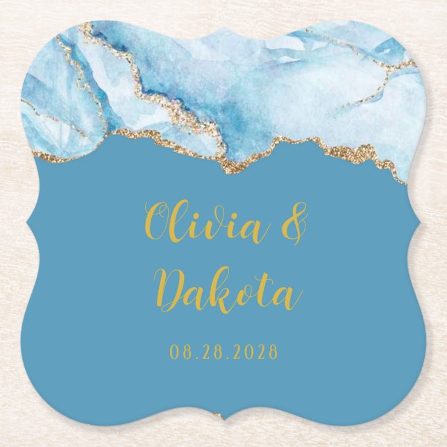 Posavasos De Papel Dusty Blue and Gold Agate Boda personalizada (Anverso)