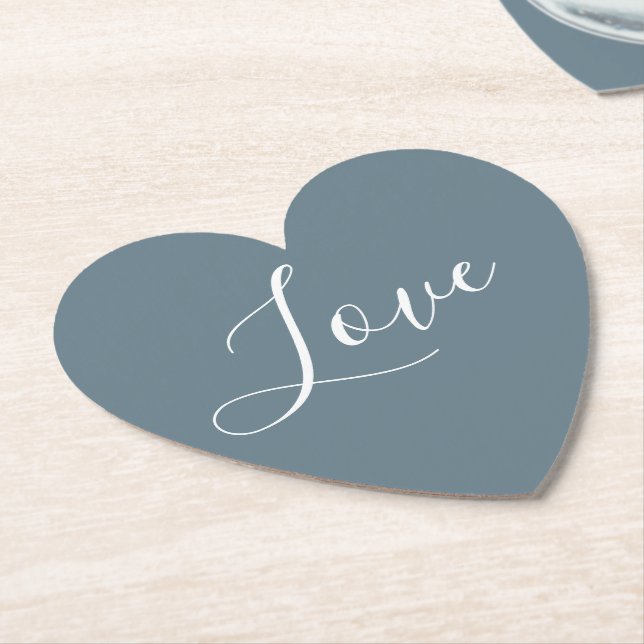 Posavasos De Papel Dusty Blue Heart White Love Script (En perspectiva)