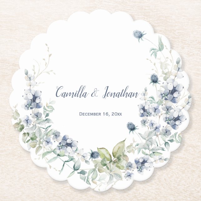 Posavasos De Papel Dusty Blue Sage Green Winter Floral Boda (Anverso)