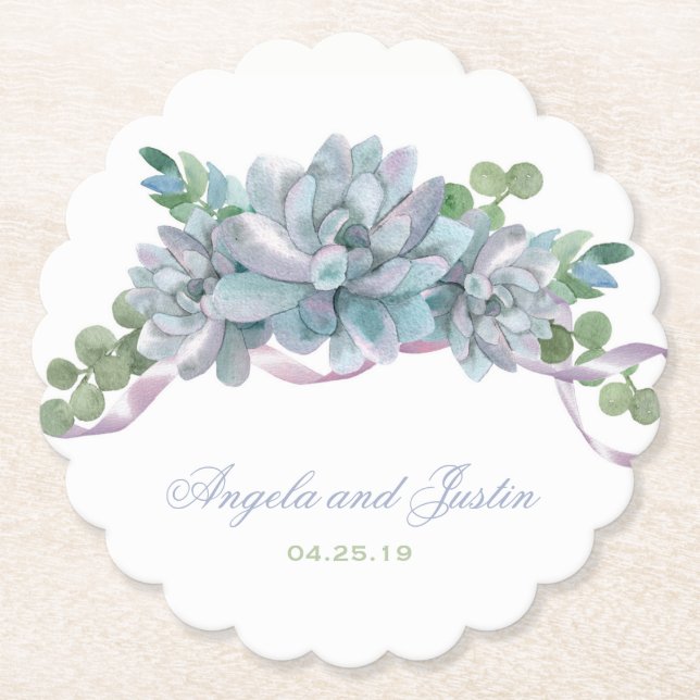 Posavasos De Papel Echeveria acuarela con cinta morada (Anverso)