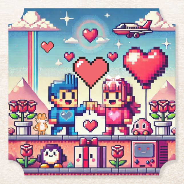 Posavasos De Papel El día de San Valentín de 8 bits de gamer (Anverso)