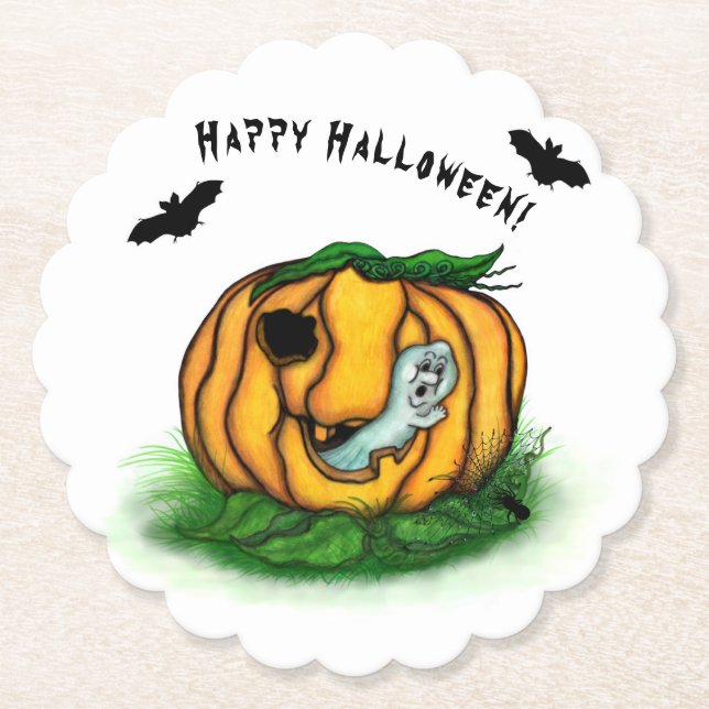 Posavasos De Papel El fantasma de Halloween , Bat , Ghost y Spider (Anverso)