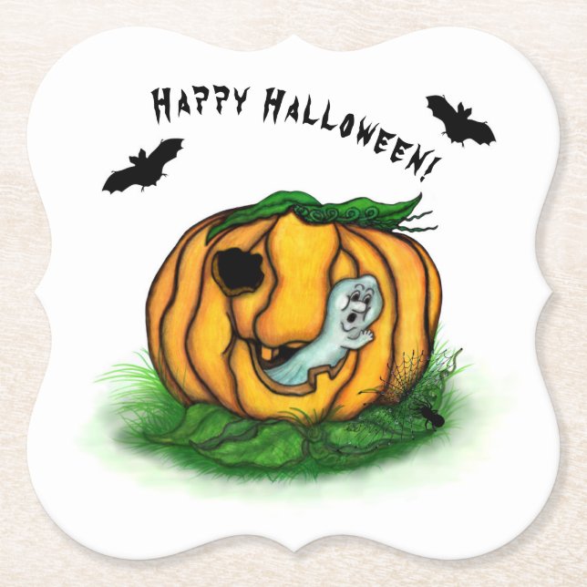 Posavasos De Papel El fantasma de Halloween , Bat , Ghost y Spider (Anverso)