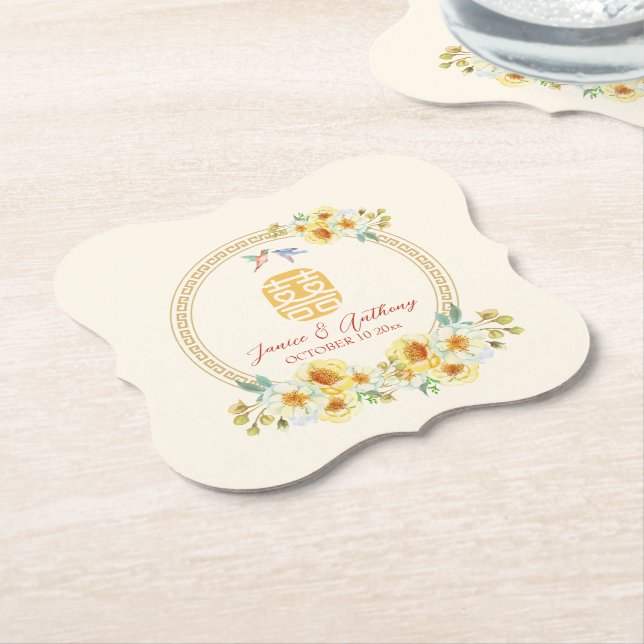 Posavasos De Papel Elegancia de ave floral amarilla de marco boda chi (En perspectiva)