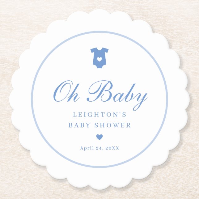 Posavasos De Papel Elegant Blue Script Boys Oh Baby Shower  (Anverso)
