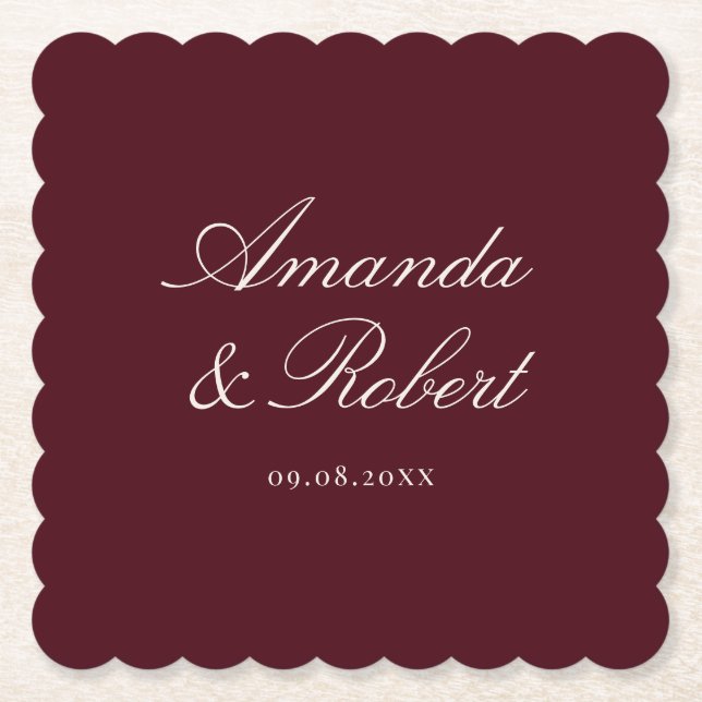 Posavasos De Papel Elegant Burgundy Calligraphy Wedding (Anverso)