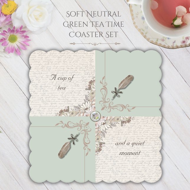 Posavasos De Papel Elegant Soft Green Tea Time Literary Scalloped  (Makes a thoughtful and unique gift idea for book lovers, writers, and those who adore Cottagecore)