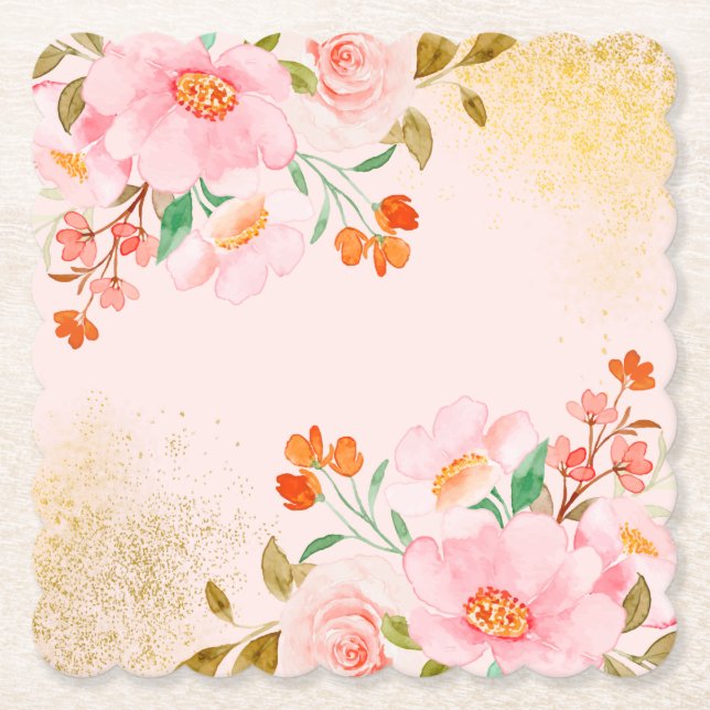 Posavasos De Papel Elegant Soft Pastel Flowers with Gold Texture  (Anverso)