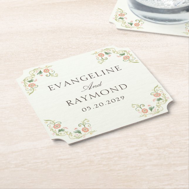 Posavasos De Papel Elegant Watercolor Floral Rococo Wedding  (En perspectiva)