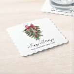Posavasos De Papel Elegante acuarela Pines Calligraphy Ink Holiday<br><div class="desc">Moderna y elegante caligrafía Ink Script Watercolor Pines Winter Greeneration con Ornamentos de Navidad Borgoña Cinta Roja Bow,  Cones de Pino y Helly Berries Felices Vacaciones Papel Astras</div>