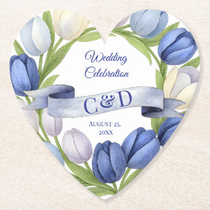 Posavasos De Papel Elegante acuarela Tulip Wreath Boda Marfil Azul