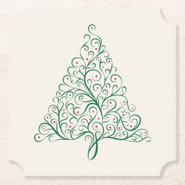 Posavasos De Papel Elegante árbol de Navidad rojo y verde caligrafía (Anverso)