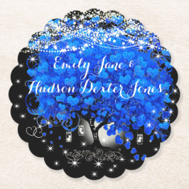 Posavasos De Papel Elegante Boda de hojas de corazón azul