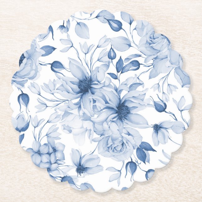 Posavasos De Papel Elegante Boda floral azul (Anverso)