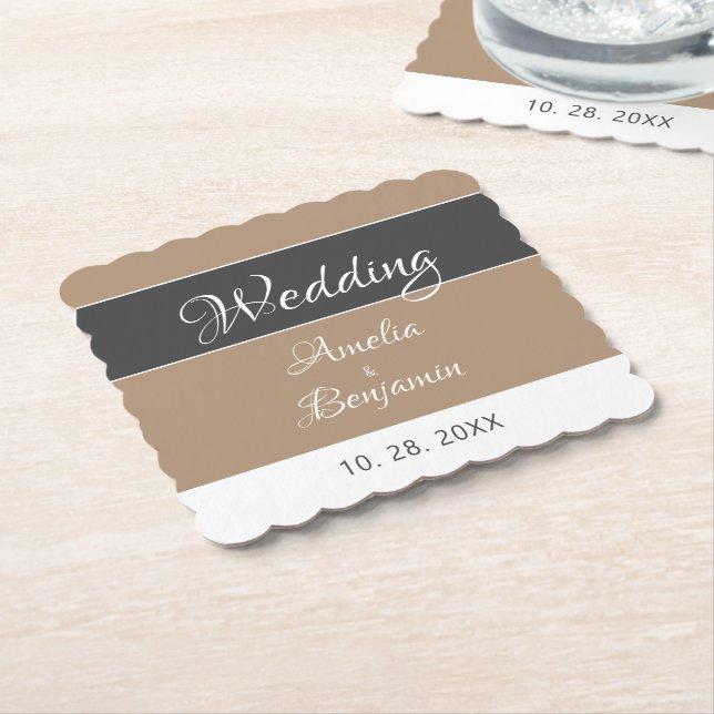 Posavasos De Papel Elegante Boda sencillo de escritura gris beige (En perspectiva)