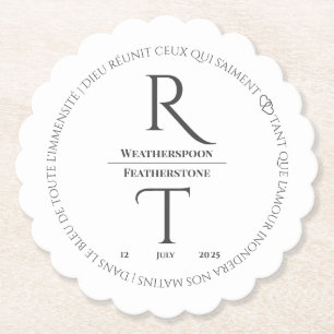 Posavasos De Papel Elegante Boda simple de monograma gris blanco