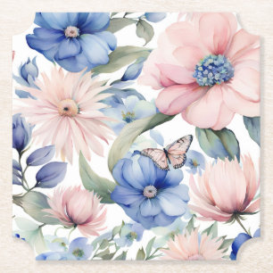 Posavasos De Papel Elegante Bungalow rosa y azul de flores