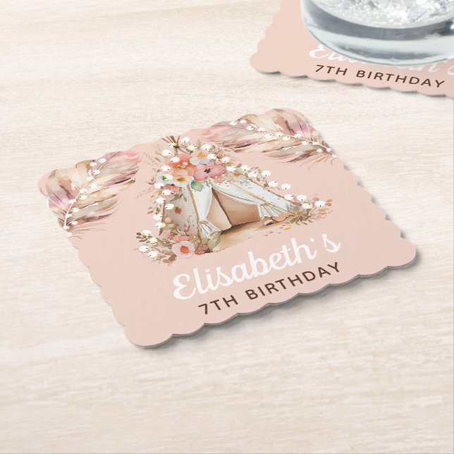 Posavasos De Papel Elegante Chica bohemia personalizada Cumpleaños (En perspectiva)