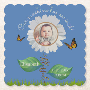 Posavasos De Papel Elegante Daisy Blue Floral Cute Baby Photo & Name