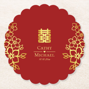 Posavasos De Papel Elegante doble felicidad floral de boda china