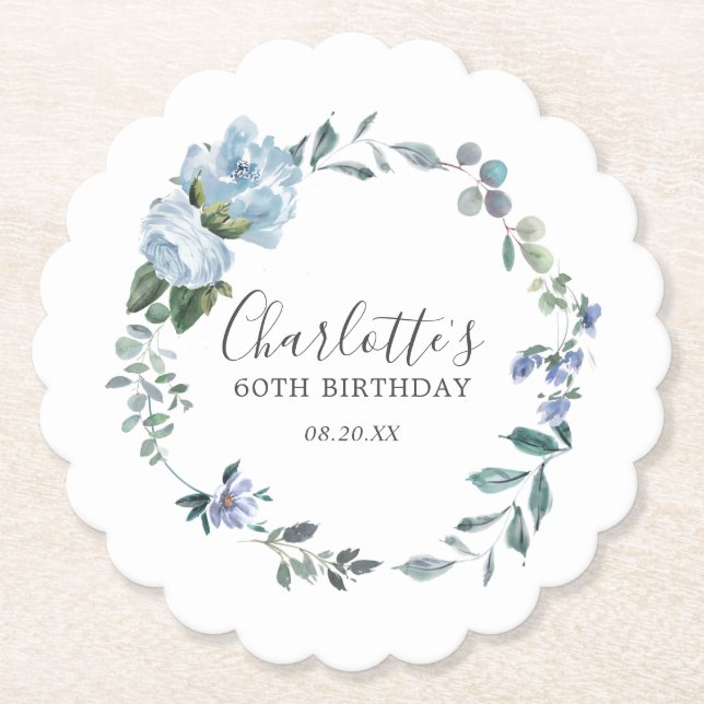 Posavasos De Papel Elegante Dusty Blue Floral 60º Personalizado de cu (Anverso)