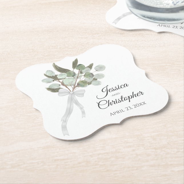 Posavasos De Papel Elegante Eucalyptus Bouquet Boho Watercolor Boda (En perspectiva)