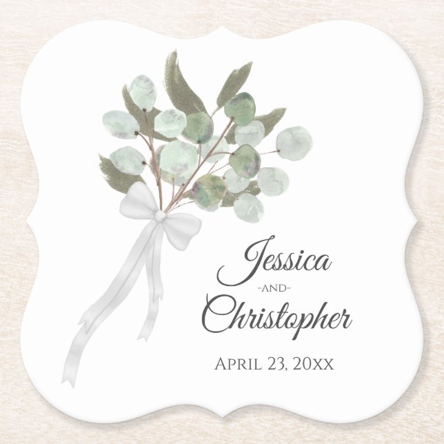 Posavasos De Papel Elegante Eucalyptus Bouquet Boho Watercolor Boda (Anverso)