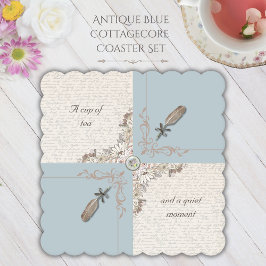 Posavasos De Papel Elegante Floral Azul Antiguo Cottagecore Pluma