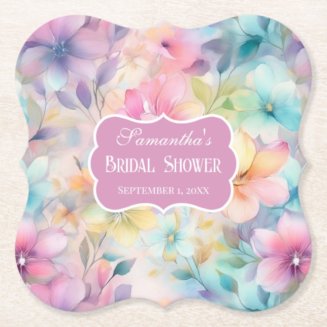 Posavasos De Papel Elegante Florales de Acuarela Pastel Baño Nupcial (Anverso)
