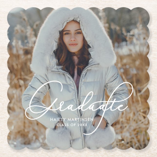 Posavasos De Papel Elegante guión Graduado Foto y nombre (Anverso)