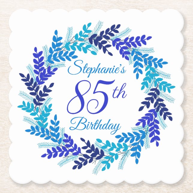 Posavasos De Papel Elegante guirnalda azul 85 cumpleaños (Anverso)