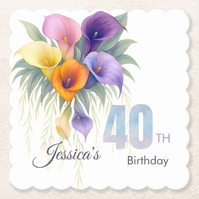 Posavasos De Papel Elegante hito de cumpleaños 40 de Calla Lily (Anverso)