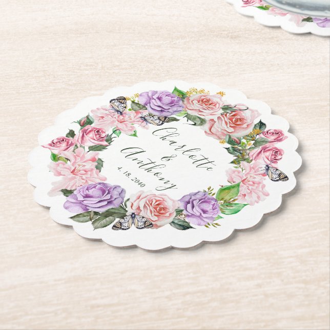 Posavasos De Papel Elegante mariposa Floral Spring Wedding (En perspectiva)