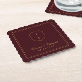 Posavasos De Papel Elegante Monograma de Cresta Burgundy y Oro Boda