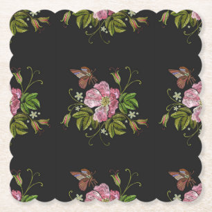 Posavasos De Papel Elegante patrón de bordado floral fondo negro