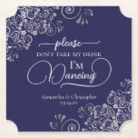 Posavasos De Papel Elegante plata y marina no tome mi Boda de bebida<br><div class="desc">¡Esta montaña rusa boda es elegante, elegante y divertida! Cuenta con un hermoso diseño de color gris plateado y azul marino con letras de escritura modernas y delicados rizos de Relieve metalizado falsos y giros en las esquinas. El texto dice "Por favor, no tomen mi bebida, estoy bailando" con espacio...</div>