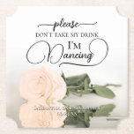 Posavasos De Papel Elegante Rosa de bolas no tome mi Boda de bebidas<br><div class="desc">¡Esta montaña rusa boda es elegante, elegante y divertida! En él se ve una foto de un solo rosa de color melocotón claro de tallo largo, que se encuentra en un estanque de agua. El texto dice "Por favor, no tomen mi bebida, estoy bailando" escrito con letras modernas de escritura....</div>