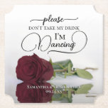 Posavasos De Papel Elegante Rosa de Borgoña no tome mi Boda de bebida<br><div class="desc">¡Esta montaña rusa boda es elegante, elegante y divertida! En él se ve una fotografía de un solo rosa de color burdeos, marrón o rojo vitivinícola de tallo largo, que se encuentra en un estanque de agua. El texto dice "Por favor, no tomen mi bebida, estoy bailando" escrito con letras...</div>
