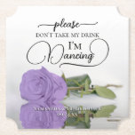 Posavasos De Papel Elegante Rosa de Lavanda No tome mi Boda<br><div class="desc">¡Esta montaña rusa boda es elegante, elegante y divertida! En él se ve una foto de un solo rosa de color morado claro o lavanda de tallo largo, sobre un espejo en una piscina de agua. El texto dice "Por favor, no tomen mi bebida, estoy bailando" escrito con letras modernas...</div>