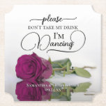 Posavasos De Papel Elegante Rosa magenta no tome mi Boda de bebida<br><div class="desc">¡Esta montaña rusa boda es elegante, elegante y divertida! En él se ve una foto de un solo magenta de tallo largo, un rosa morado de cassis o de color berry colocado en un espejo de un estanque de agua. El texto dice "Por favor, no tomen mi bebida, estoy bailando"...</div>