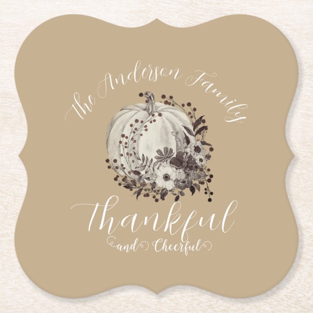 Posavasos De Papel Elegante Taupe Otoño ‘Agradecido Y Alegre’ (Anverso)