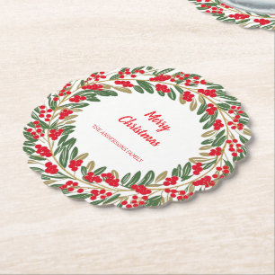 Posavasos De Papel Elegante Wreath Red Holly Berries Oro Feliz Navida