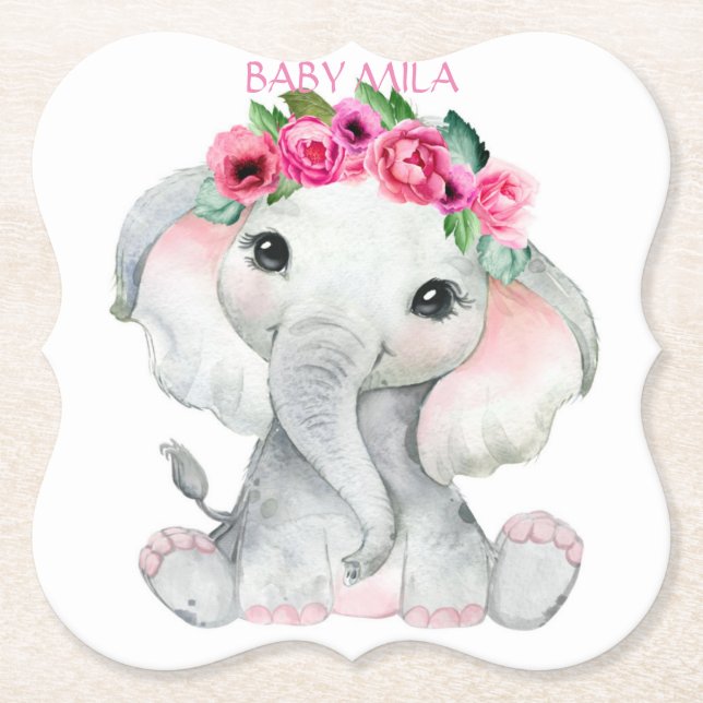 Posavasos De Papel Elephant pink girl baby shower favor (Anverso)