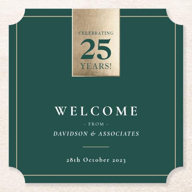 Posavasos De Papel EMPRESA ANIVERSARIO negocio oro verde blanco (Anverso)