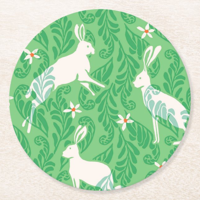Posavasos de papel en conejos y helechos verde pri (Anverso)