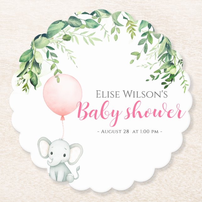 Posavasos De Papel ¡Es chica! Bebé de elefante lindo con globo (Anverso)