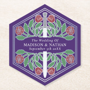 Posavasos De Papel Espada Floral Medieval Real Púrpura Plateada Boda