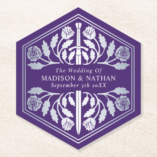 Posavasos De Papel Espada Medieval Real Bodas Morado Plateado (Anverso)